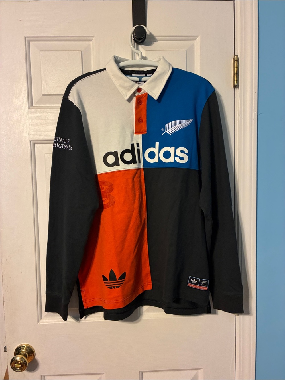 NWT adidas Men's Colorblock Long Sleeve Rugby Shirt - Blue, Orange, Black, White
